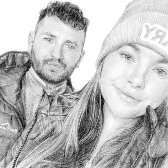 pencil sketch of a couple taking a selfie