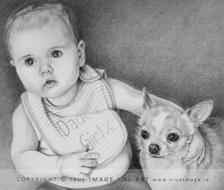 baby and dog pencil portrait