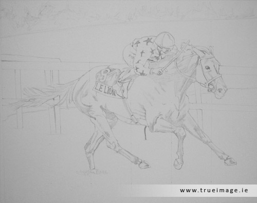 horse and jockey portrait in pencil - progress image 1