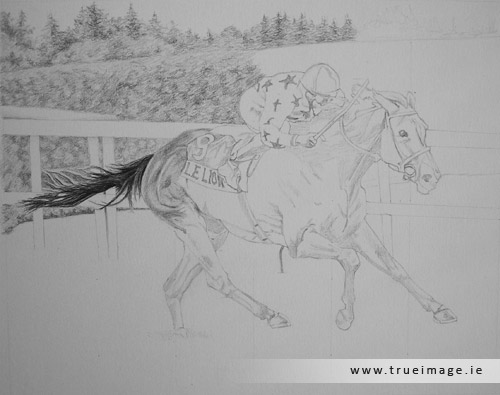 horse and jockey portrait in pencil - progress image 2