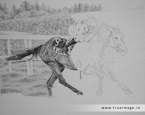 horse and jockey portrait in pencil - progress image 3