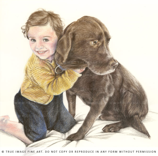 girl and labrador portrait drawing
