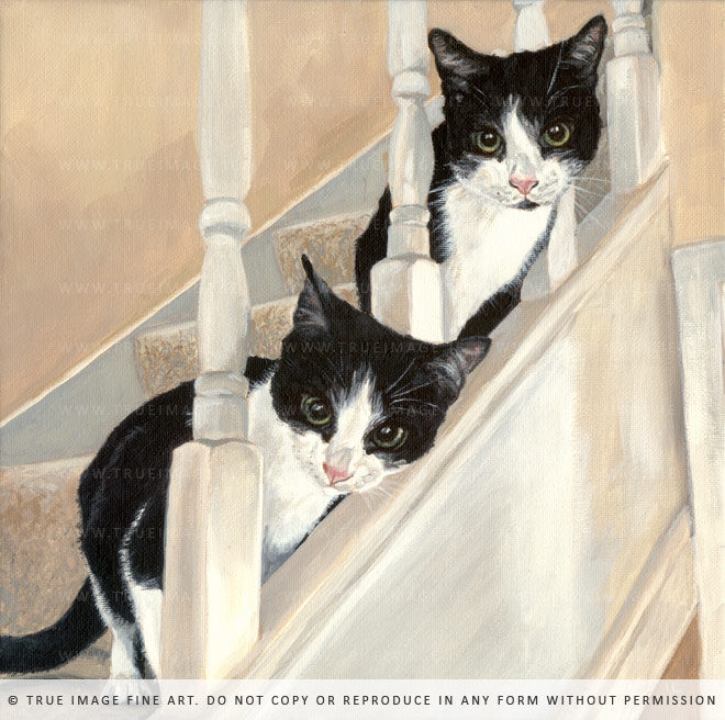 two cats on the stairs - cat portrait painting in acrylic on canvas