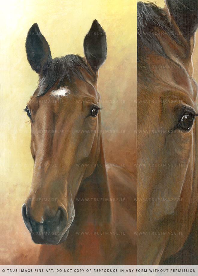 brown horse portrait painting and detail