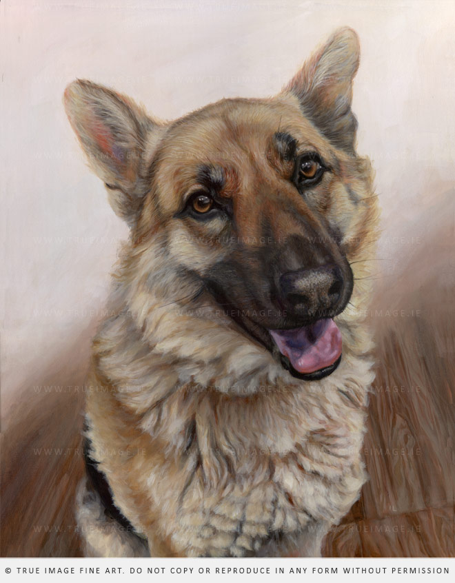 An acrylic painting of a german shepherd