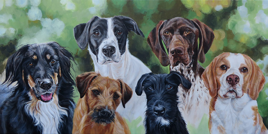 portrait painting of six dogs on canvas