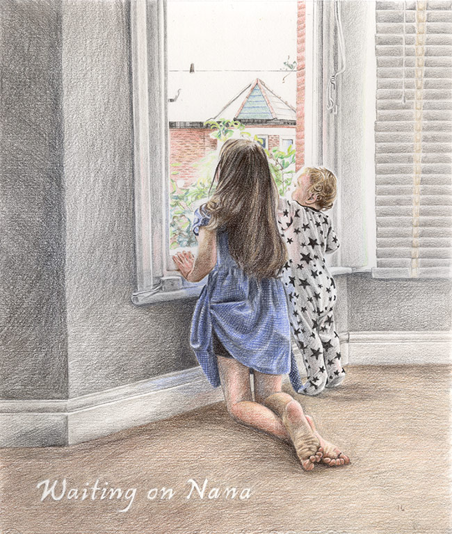 pencil drawing of two children looking out the window