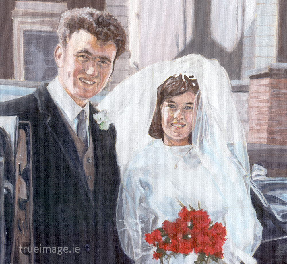 bride and groom acrylic painting in detail