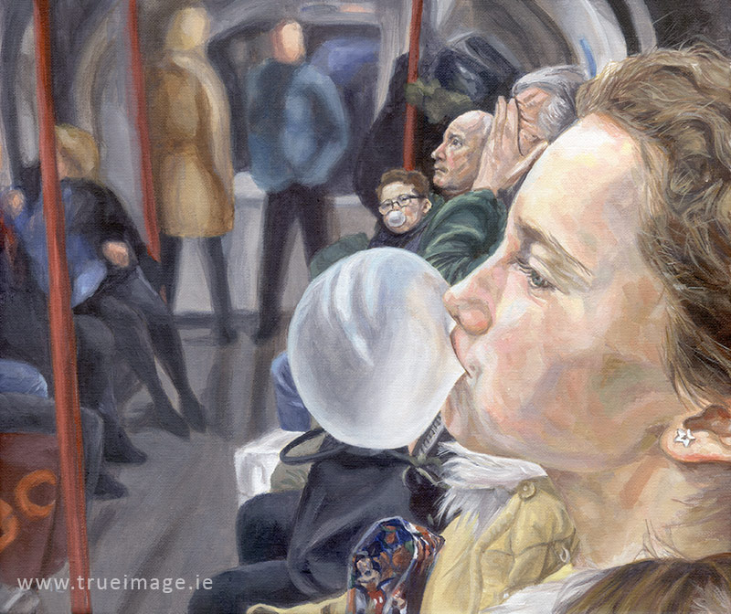 acrylic painting portrait of a girl and her family in the london underground, girl blowing a bubble