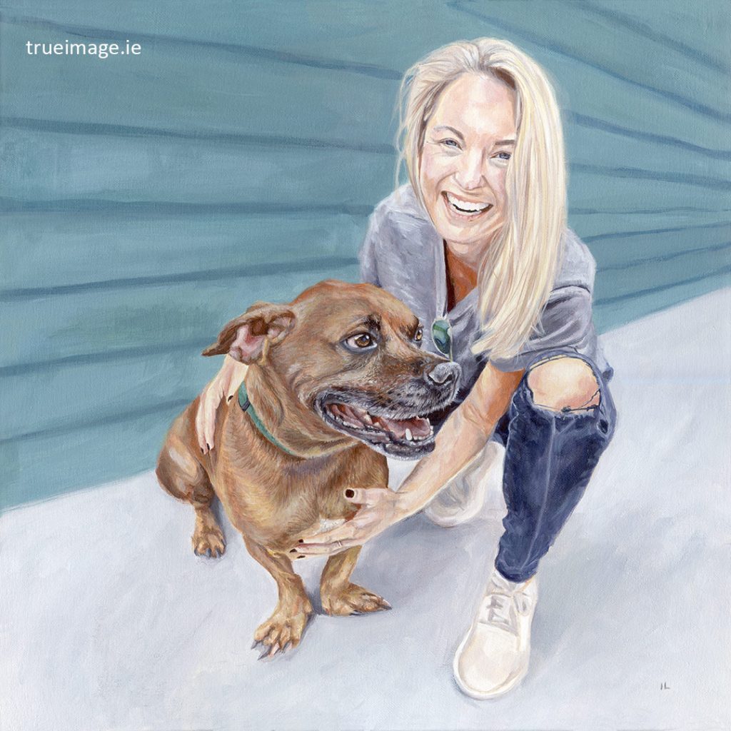 acrylic painting of a tan dog and girl holding him