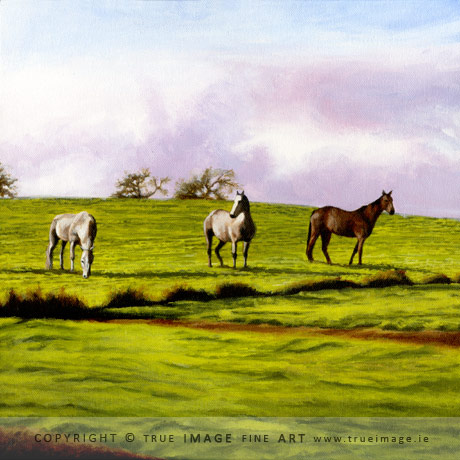 three horses in a field acrylic painting