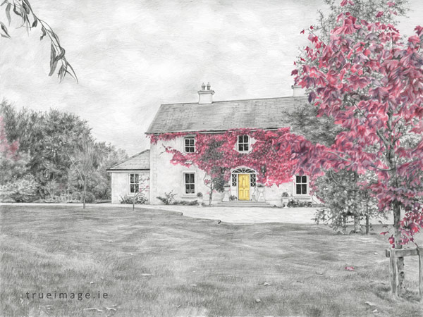 pencil sketch of a family house from photo by an artist in ireland