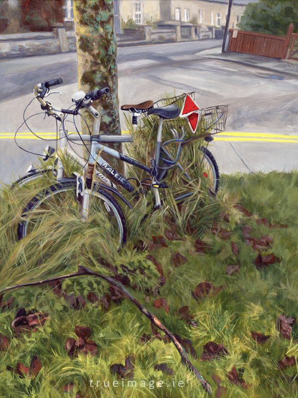 two delapidated bikes leaning on an electricity pole - acrylic streetscape painting from photo