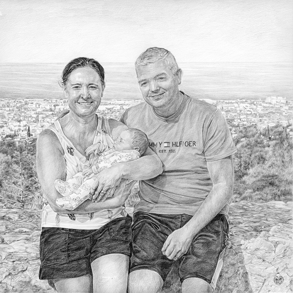A pencil portrait drawing of a couple with their baby in north cyprus