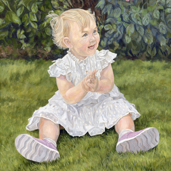 Portrait painting of a smiling baby girl sitting in garden