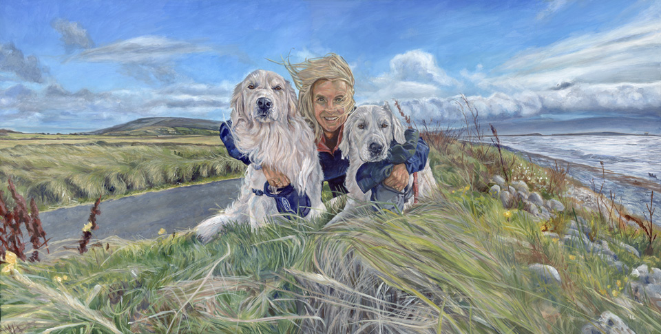 lady owner smiling with two golden retriever pet dogs at craggy beach connemara portrait painting in acrylic on canvas