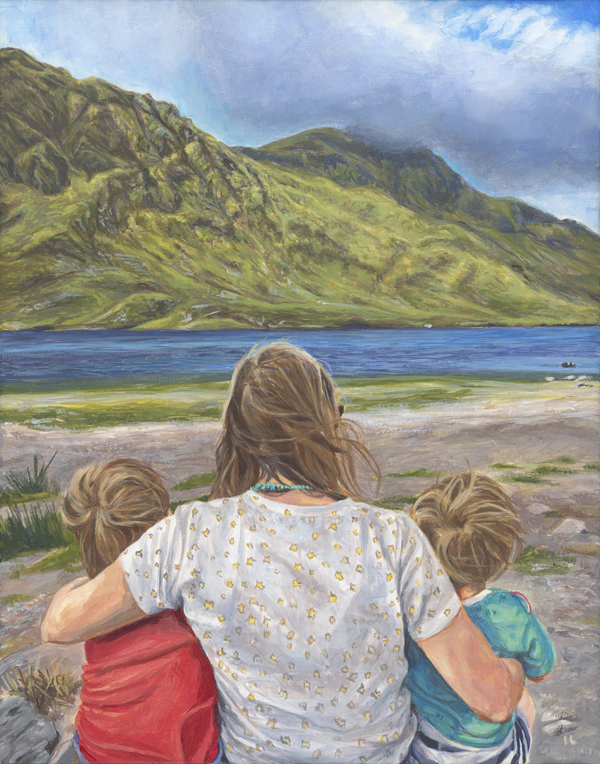acrylic Portrait painting of a mother hugging her sons with mountain view