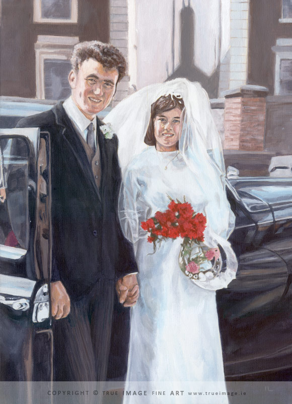 Acrylic portrait painting of a couple on their wedding day