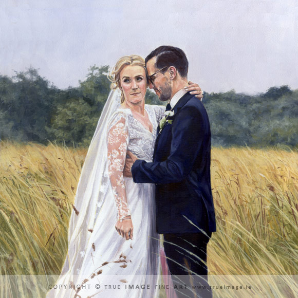 acrylic portrait painting of a bride and groom hugging in a wheat field