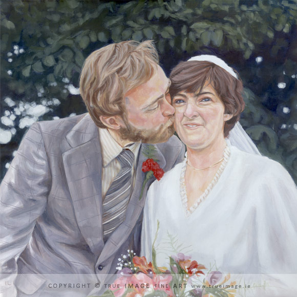 wedding portrait painting of groom kissing bride