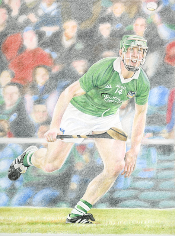 coloured pencil sketch of niall moran gaa player on paper by a portrait artist