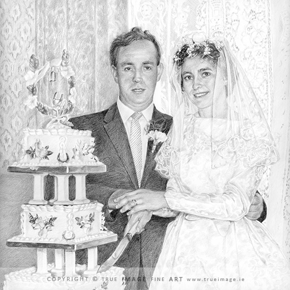 pencil sketch of a wedding couple cutting their wedding cake