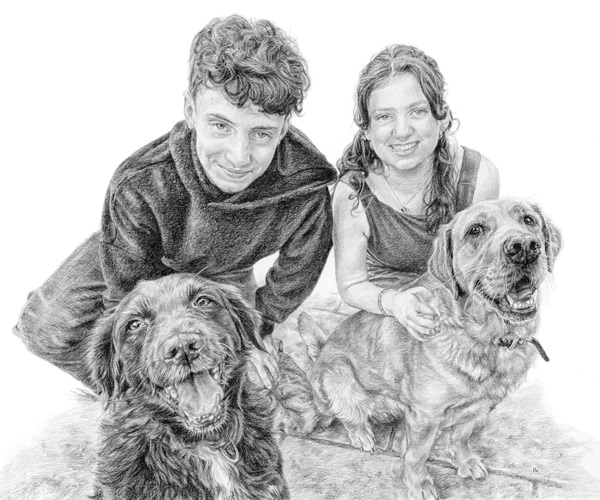 brother and sister portrait petting their two dogs