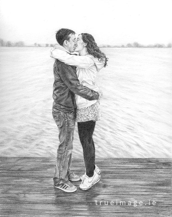 pencil portrait sketch of a happy couple sharing a kiss on a pier - drawing from a photo