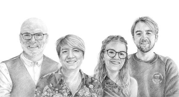 father and mother with two adult children pencil portrait