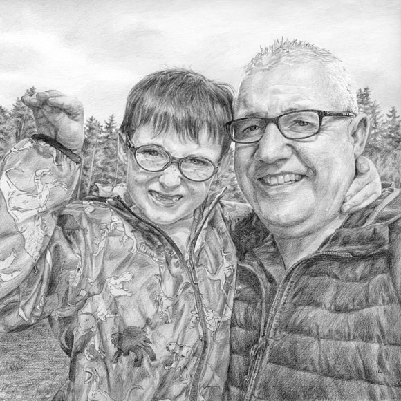 pencil sketch of a father and son laughing from a family photo by a family portrait artist