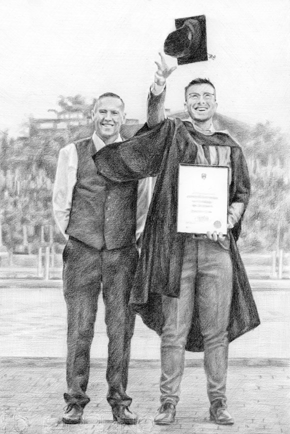 pencil sketch of a father and son laughing from a graduation photo