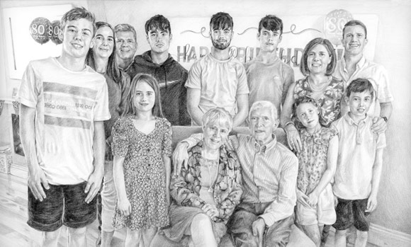 pencil portrait drawing of a large family of 13 from a photo by an irish portrait artist
