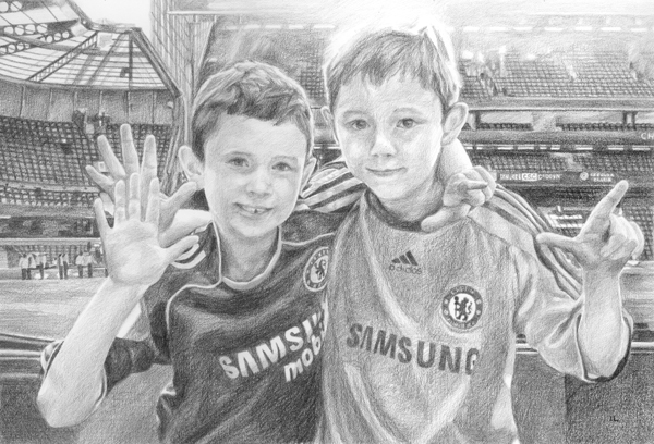 pencil portrait drawing of two boys at a soccer stadium from a photo by a portrait artist