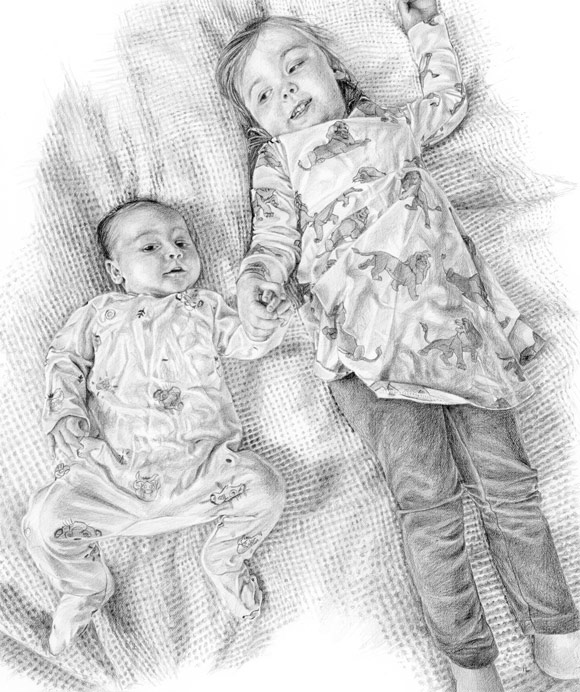 pencil portrait sketch of two children holding hands