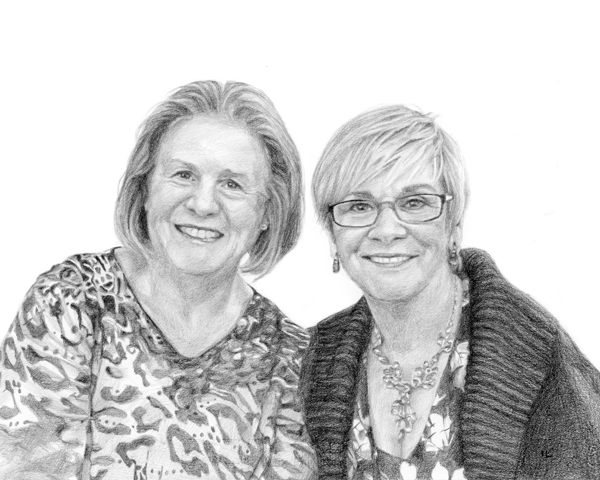 pencil portrait of two smiling women friends