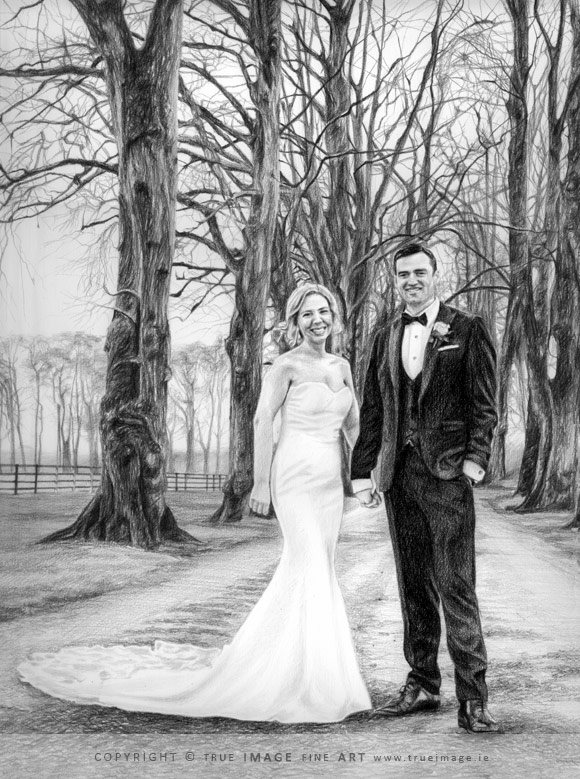 Pencil portrait drawing of a bride and groom in a tree lined avenue