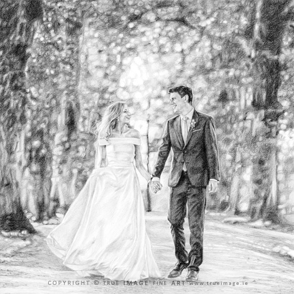 groom and bride walking in a tree lined avenue pencil portrait