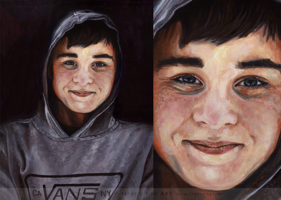 acrylic portrait painting of a teenage boy in a hoodie