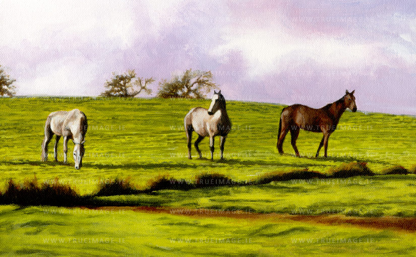 three horses in a field painting