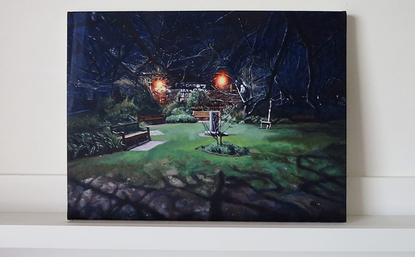 a painting of an urban park at night