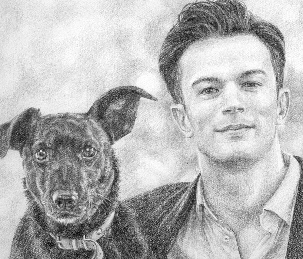 man and dog portrait drawing detail