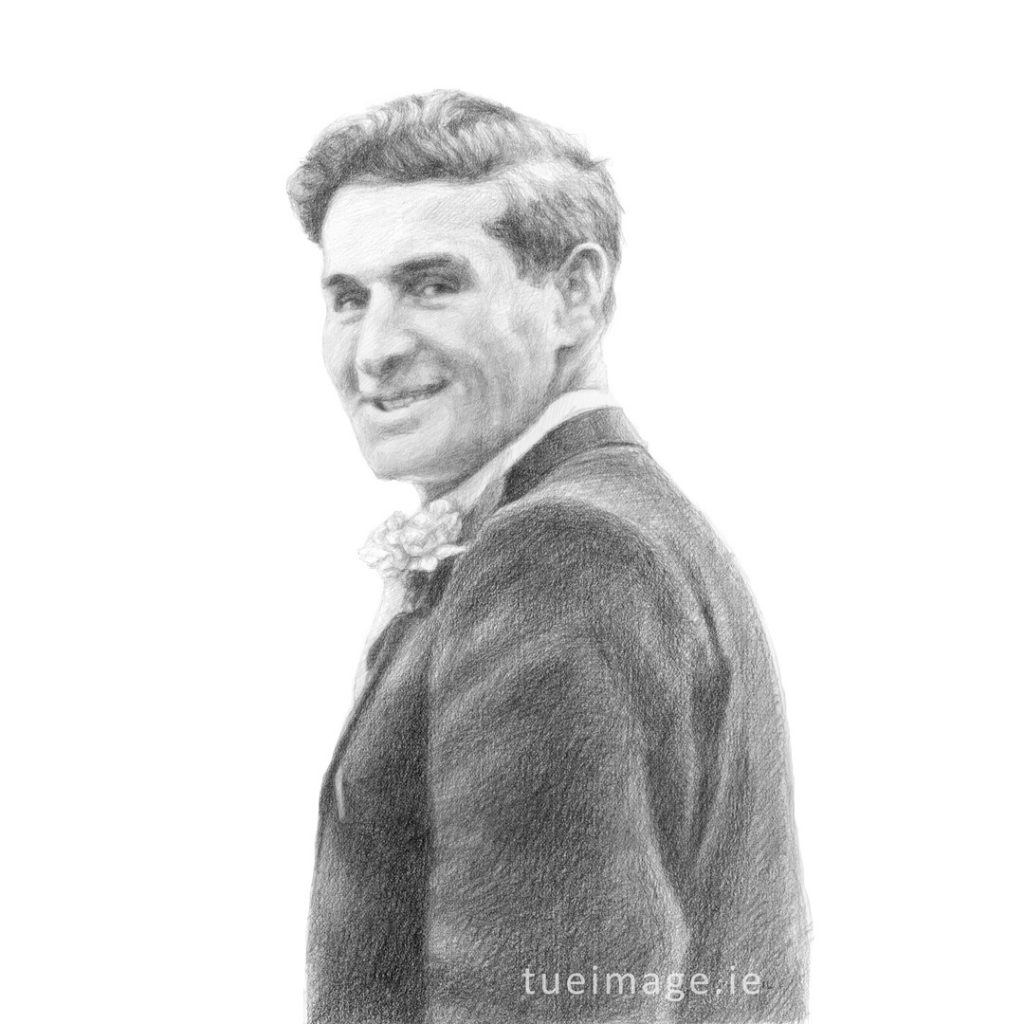 drawing of a man smiling over his shoulder