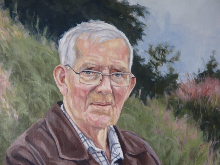 acrylic painting of an elderly man sitting in a chair in nature