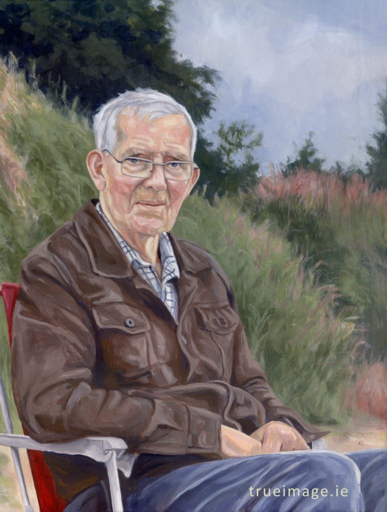 acrylic portrait painting of an elderly man sitting in a chair outdoors