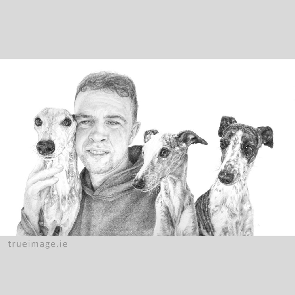 three whippets and their owner pencil drawing