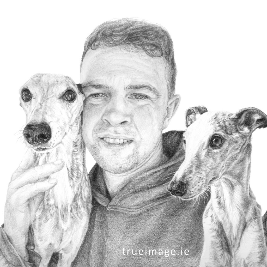 drawing of a man hugging a whippet dog