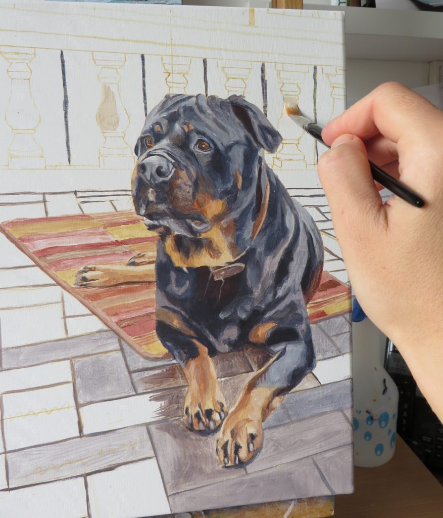 work progress on a dog painting
