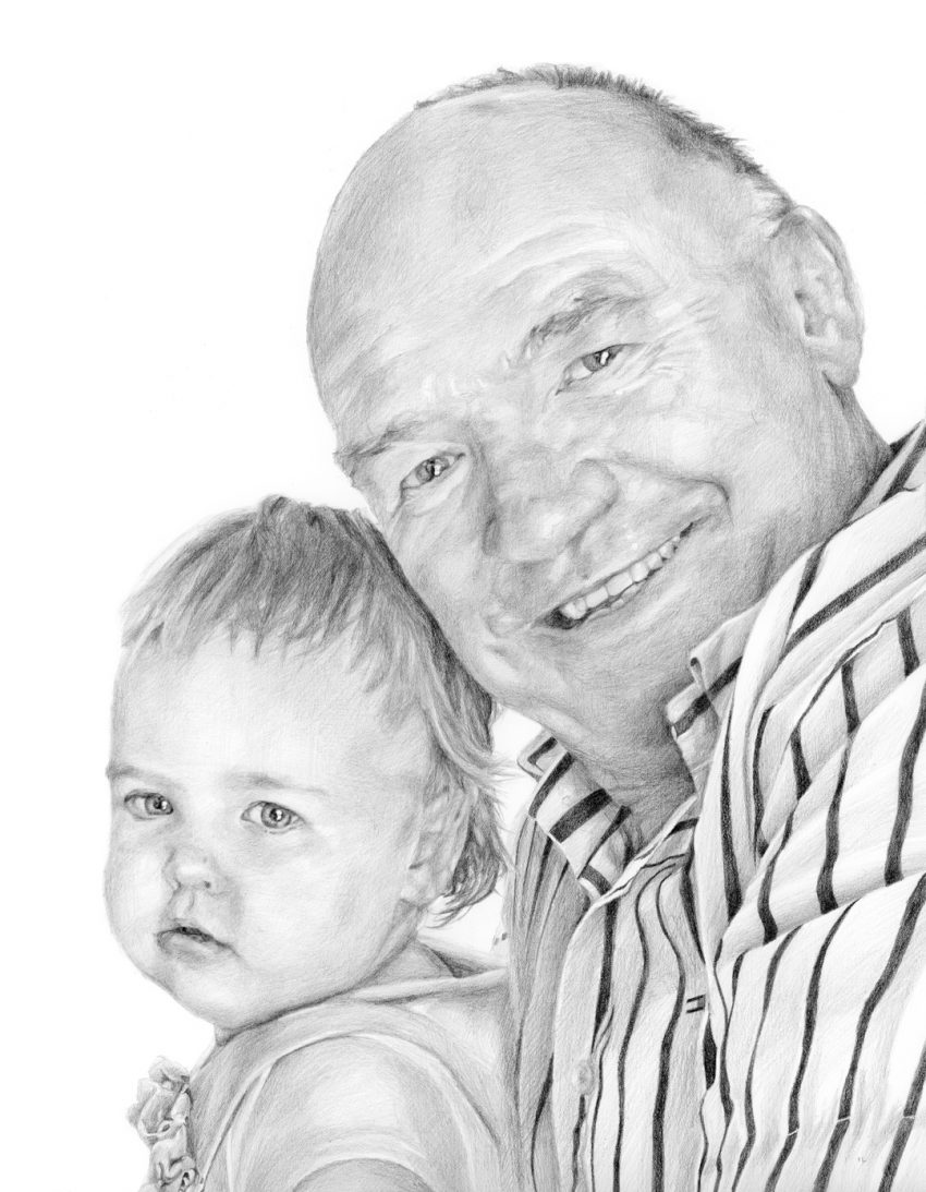 pencil sketch of a baby and grandfather