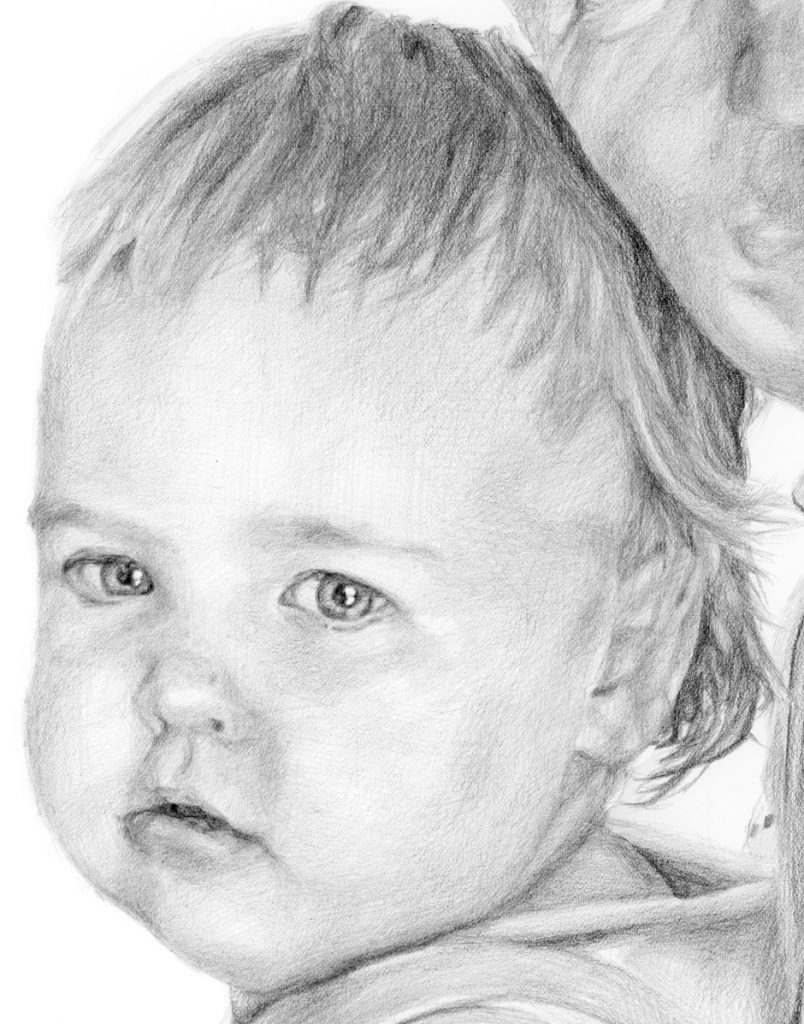 detailed view of a drawing of a baby's face