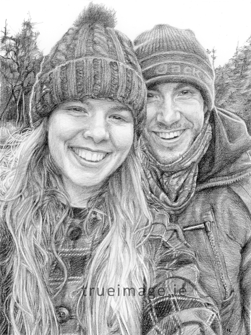 pencil portrait of a happy smiling couple in hats outside
